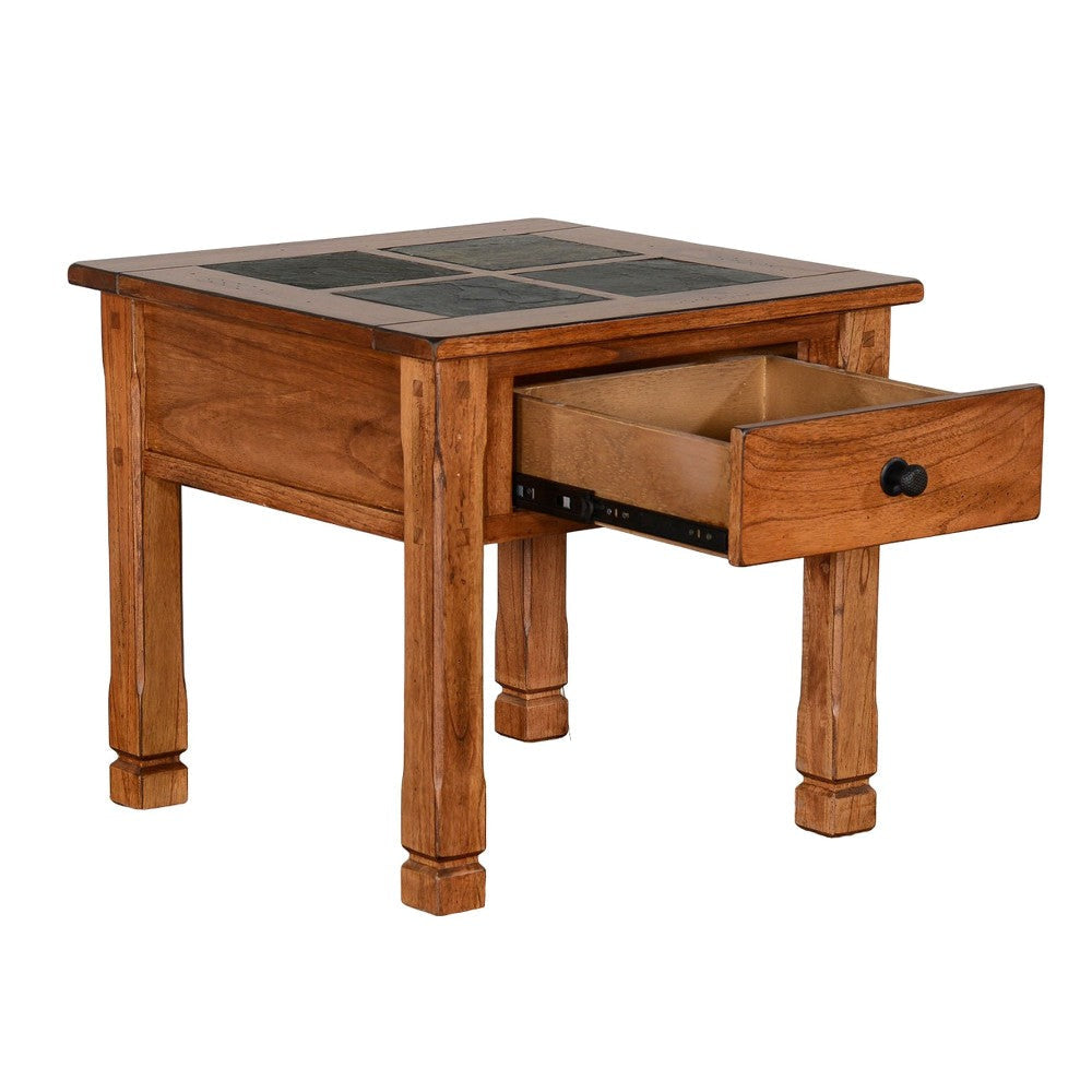 Marv Side End Table w Drawer 26’’ Square Slate Inlay Top Brown Wood BM324745