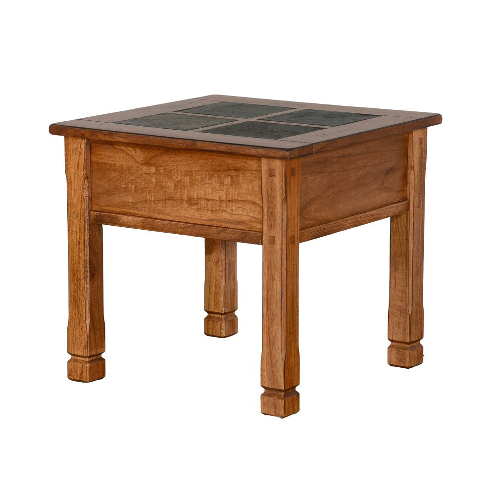 Marv Side End Table w Drawer 26’’ Square Slate Inlay Top Brown Wood BM324745