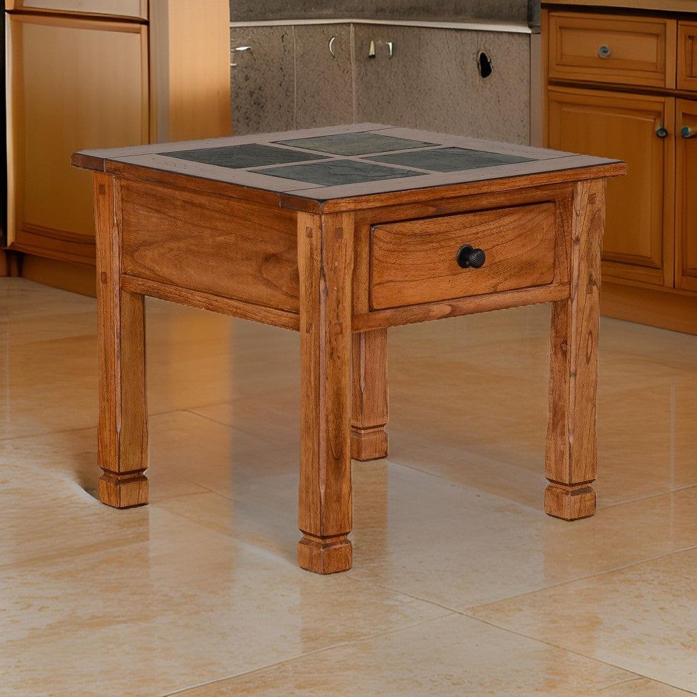 Marv Side End Table w Drawer, 26" Square Slate Inlay Top, Brown Wood
