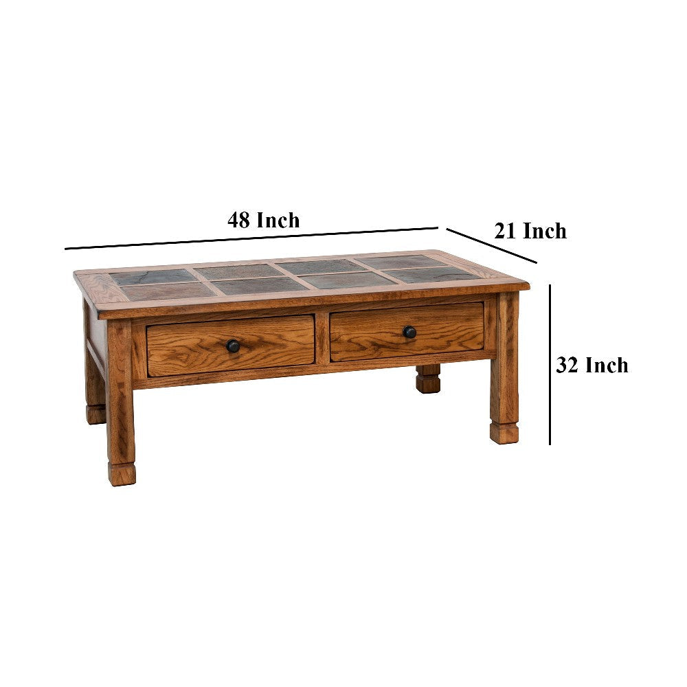 Marv Sofa Table w 2 Drawers 48’’ Rectangular Slate Inlay Brown Wood BM324746