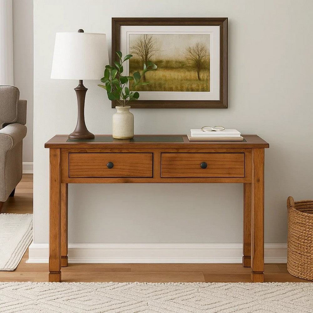 Marv Sofa Table w 2 Drawers, 48" Rectangular Slate Inlay, Brown Wood