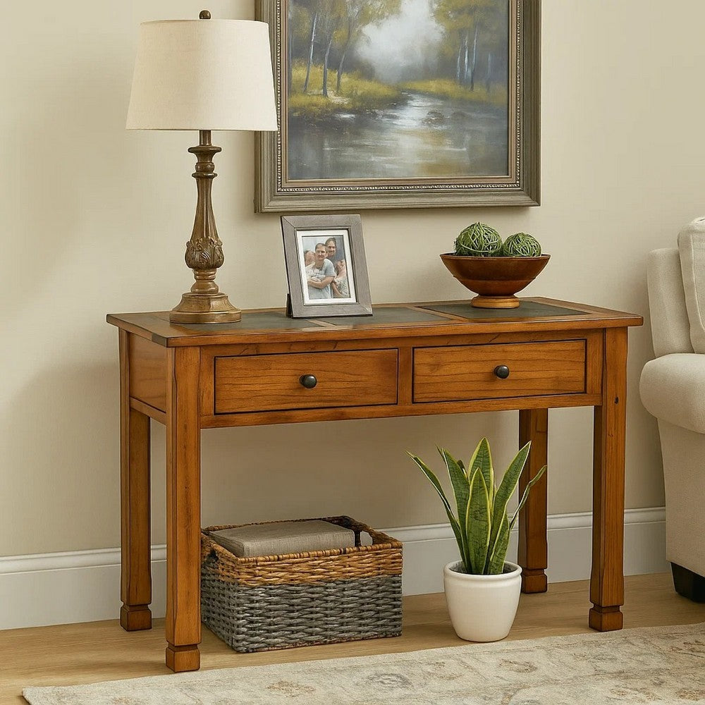 Marv Sofa Table w 2 Drawers, 48" Rectangular Slate Inlay, Brown Wood