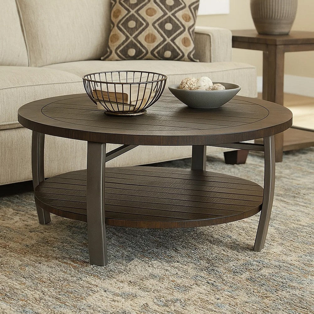 Flint Coffee Table w Shelf, Barrel Shape, 38" Dark Brown Round Top