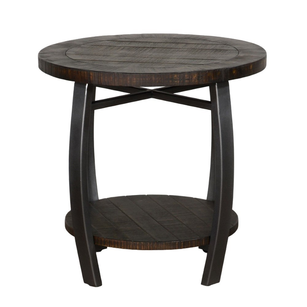 Flint Side End Table w Shelf Round Barrel Shape 24’’ Dark Brown Wood BM324752