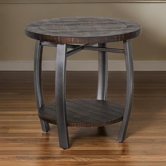 Flint Side End Table w Shelf, Round Barrel Shape, 24" Dark Brown Wood