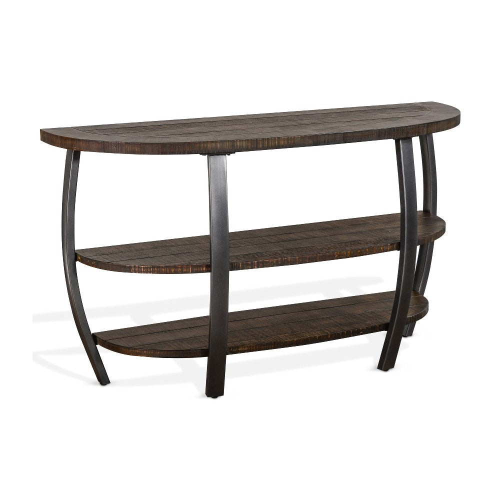 Flint Sofa Table w 2 Shelves, 52" Semi Circle Top, Brown Wood, Barrel