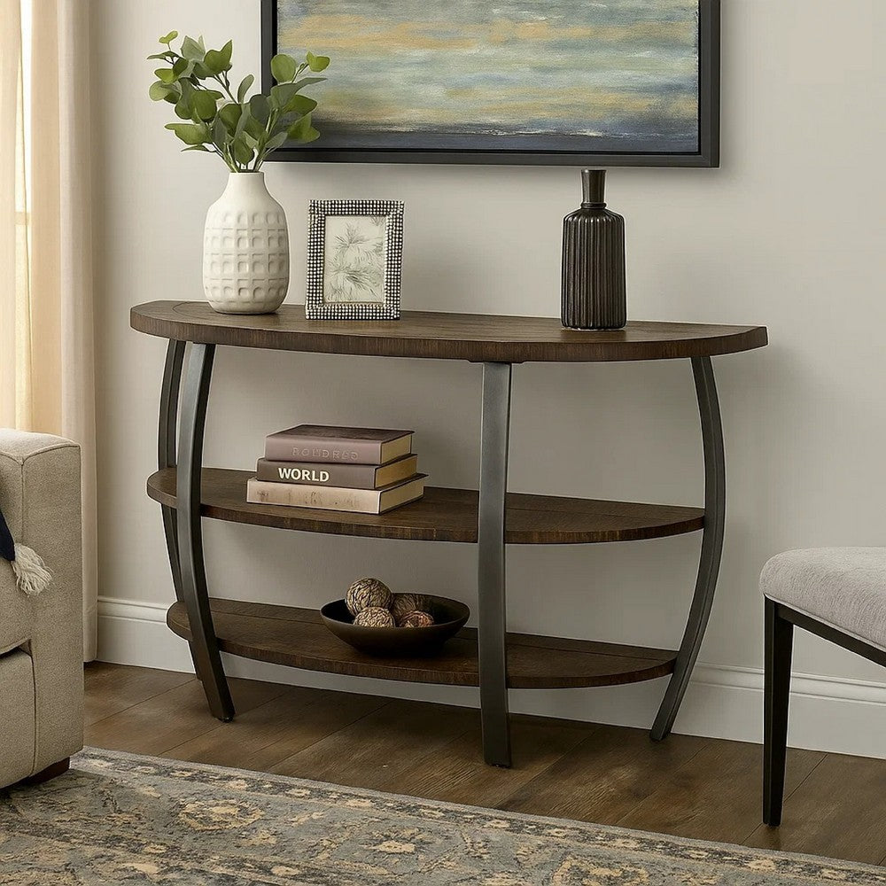 Flint Sofa Table w 2 Shelves, 52" Semi Circle Top, Brown Wood, Barrel