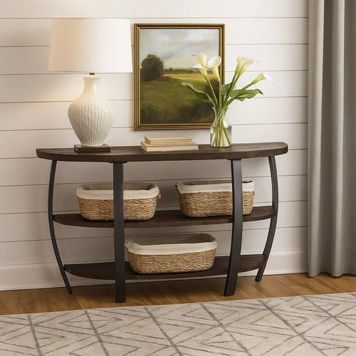 Flint Sofa Table w 2 Shelves, 52" Semi Circle Top, Brown Wood, Barrel