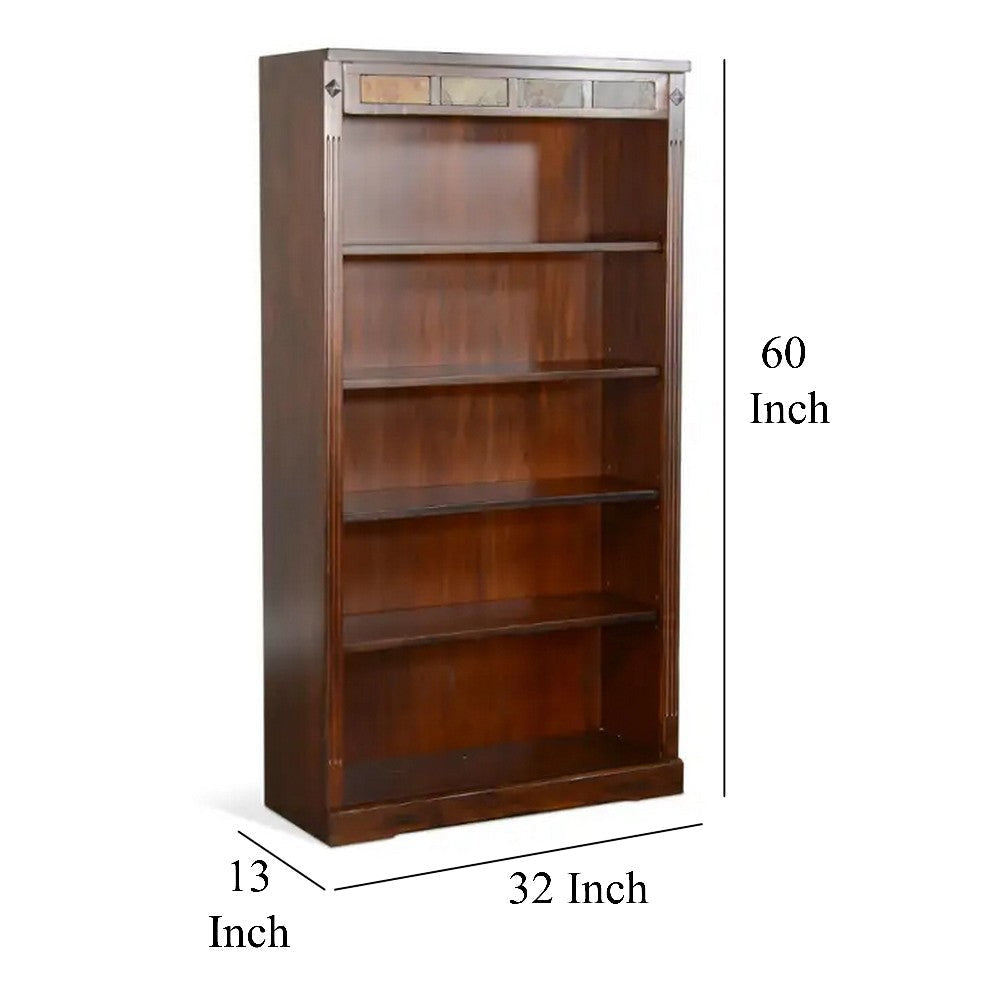 Odell Bookcase w 5 Adjustable Shelves Dark Brown Wood Slate Inlay 60’’ BM324755