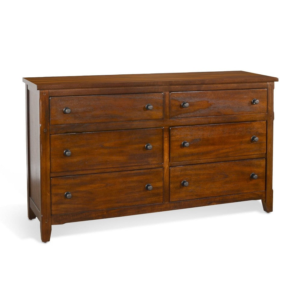 Odell Wide Dresser, 6 Drawers, Rustic Dark Brown Solid Wood