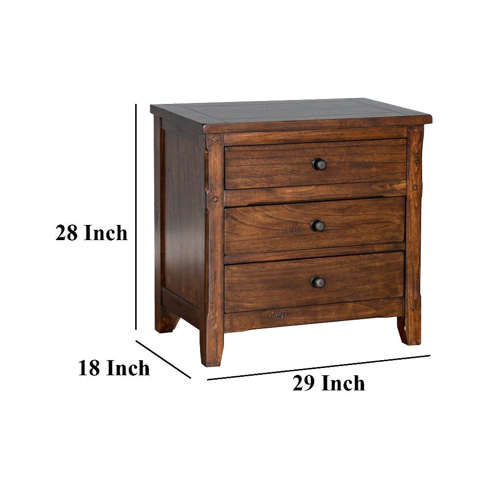 Odell Nightstand 3 Drawers Rustic Dark Brown Solid Wood Black BM324764