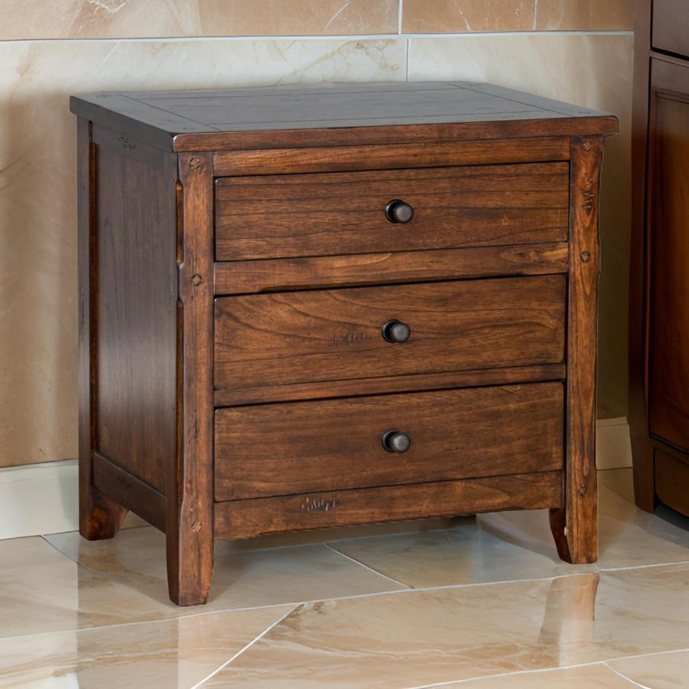 Odell Nightstand, 3 Drawers, Rustic Dark Brown Solid Wood, Black
