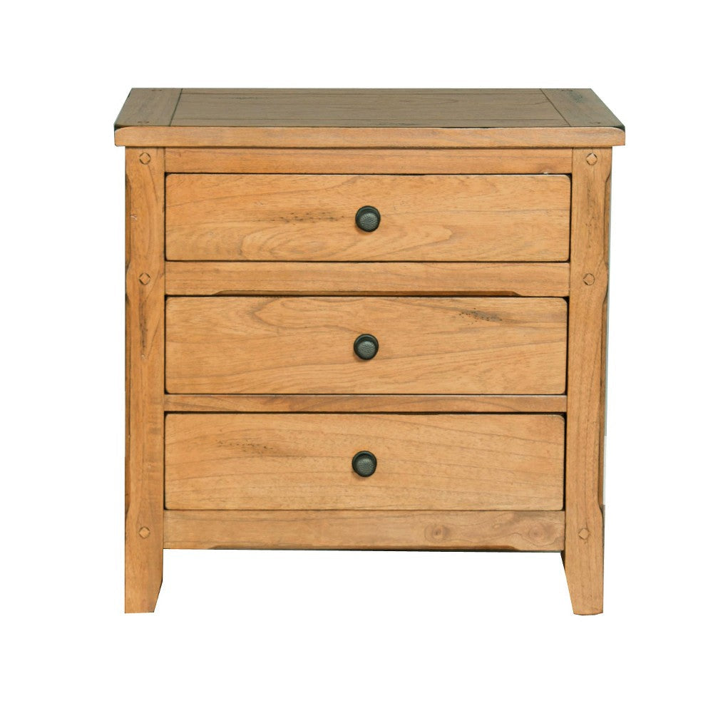 Marv Nightstand, 3 Drawers, 29" Rustic Light Brown Solid Wood, Black