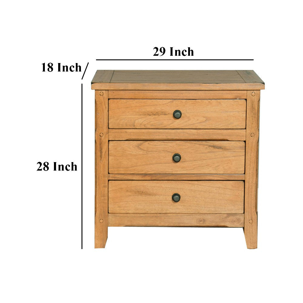 Marv Nightstand 3 Drawers 29’’ Rustic Light Brown Solid Wood Black BM324767