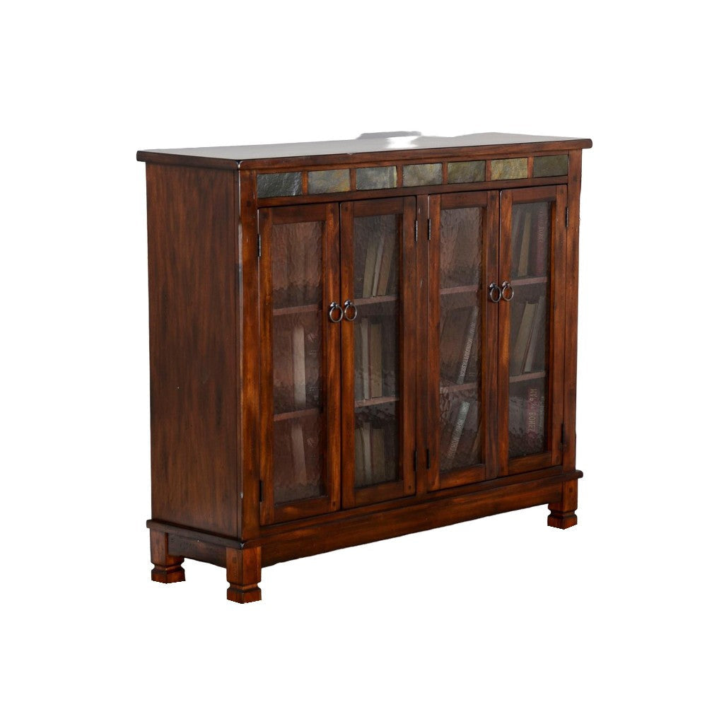 Odell Bookcase Cabinet 4 Beehive Glass Doors Slate Inlay Dark Brown BM324768