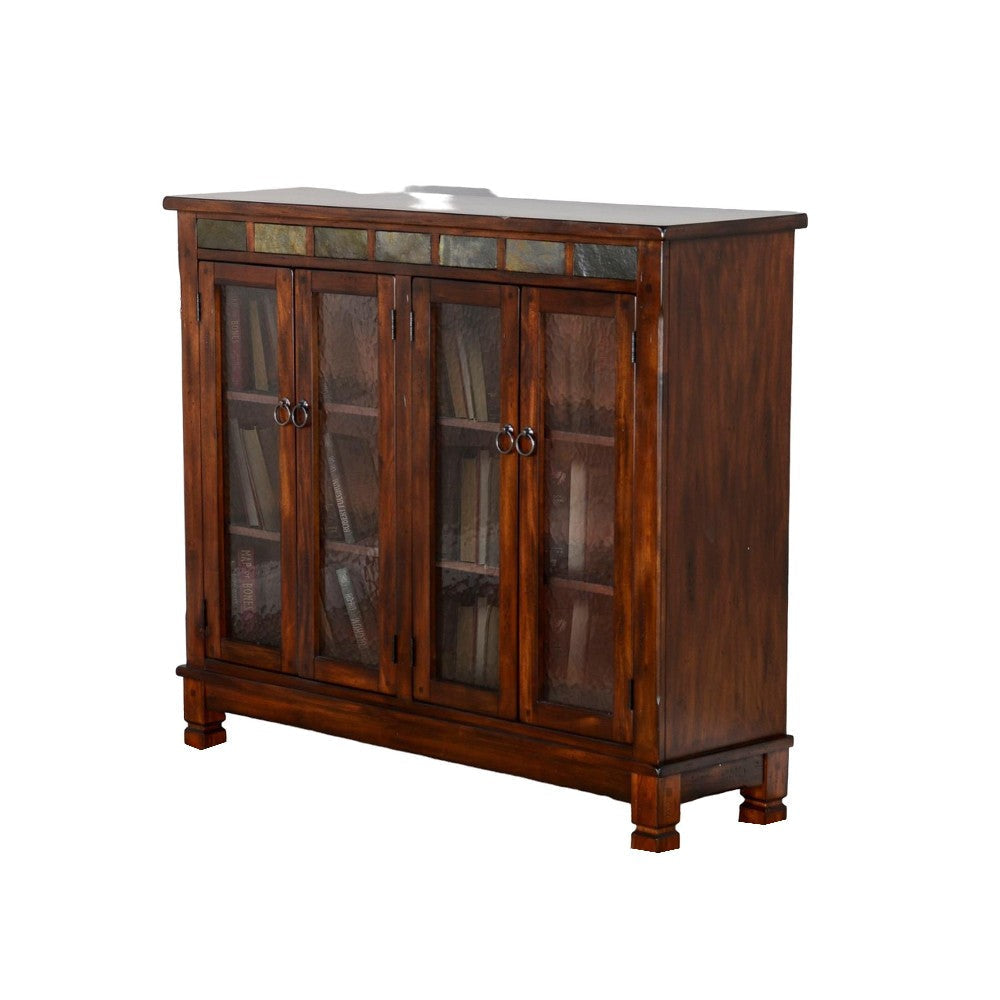 Odell Bookcase Cabinet 4 Beehive Glass Doors Slate Inlay Dark Brown BM324768