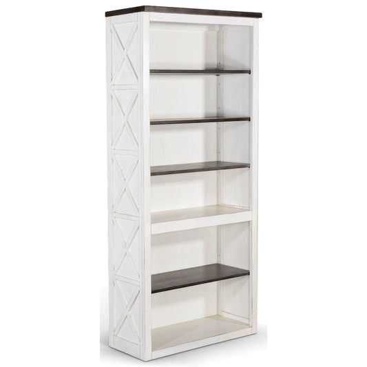 Zena Bookcase, X Cross Panels and 5 Shelves, 76" White, Brown Veneer