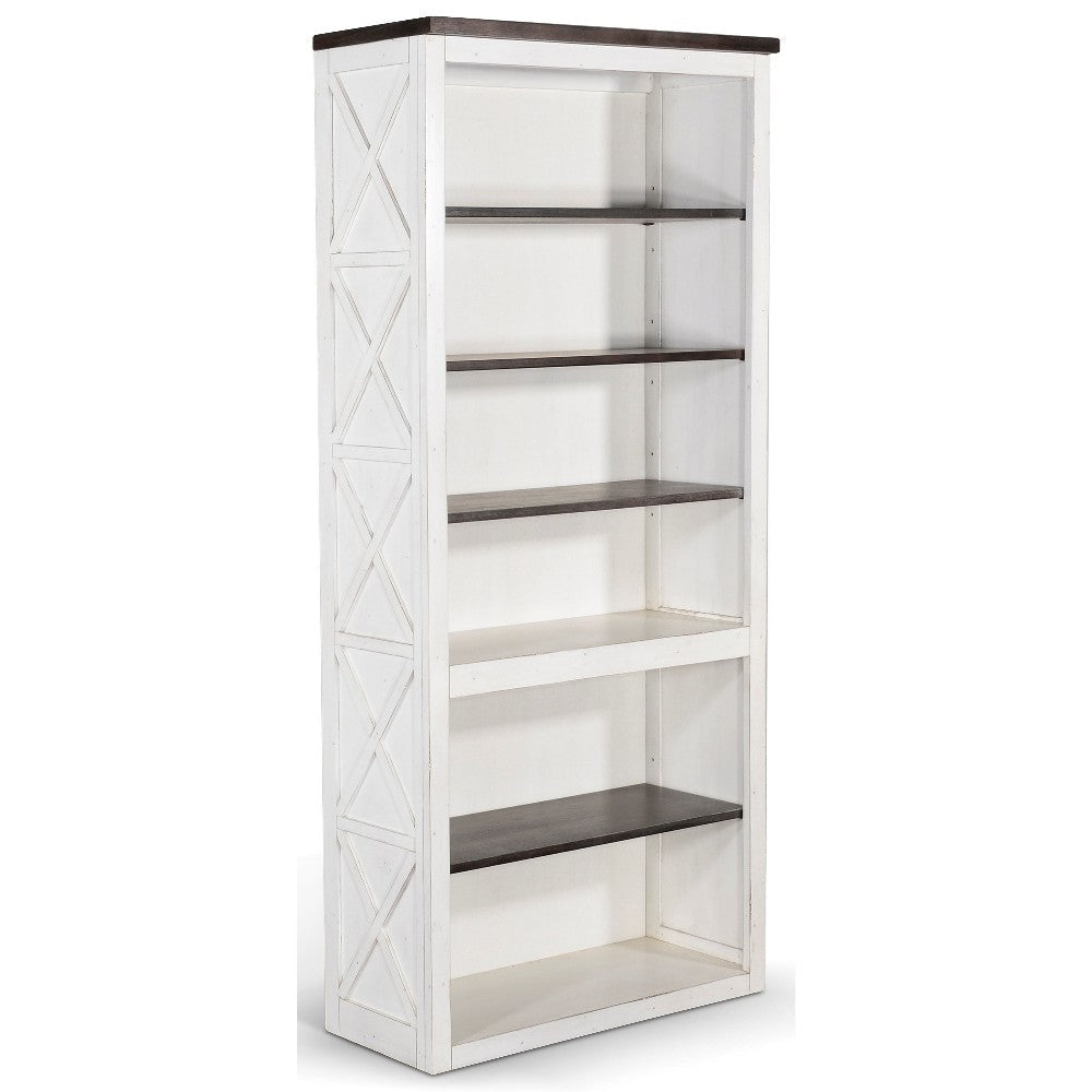 Zena Bookcase, X Cross Panels and 5 Shelves, 76" White, Brown Veneer