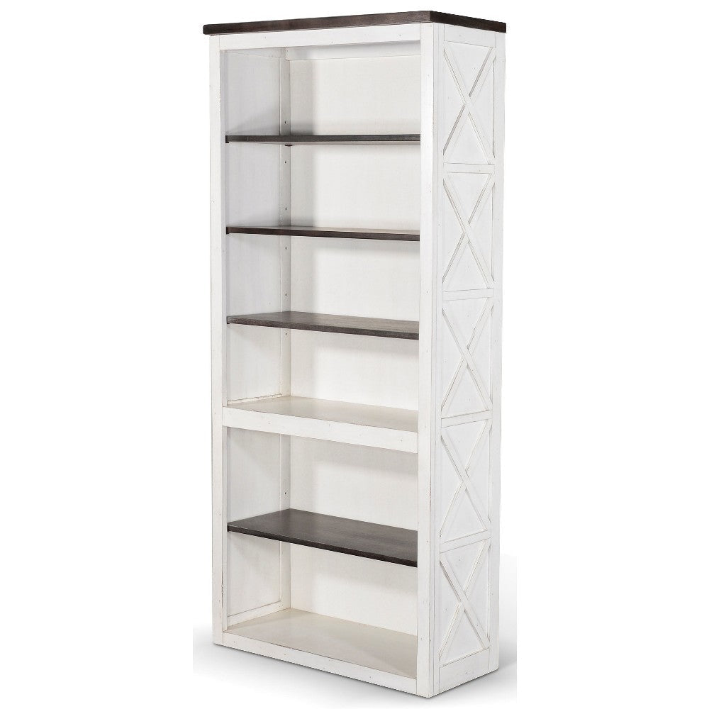 Zena Bookcase X Cross Panels and 5 Shelves 76’’ White Brown Veneer BM324771