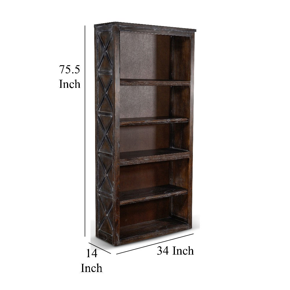 Sofi Bookcase X Cross Panels and 5 Open Shelves Dark Brown Veneer BM324774