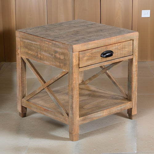 Rany Side End Table, Drawer, Lower Shelf, 22" Square Top, Light Brown
