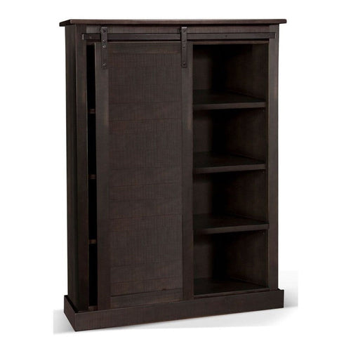 Cyna Bookcase, Sliding Barn Door with 3 Shelves, Dark Brown Wood 66"