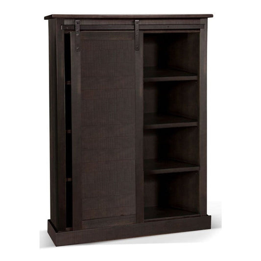 Cyna Bookcase, Sliding Barn Door with 3 Shelves, Dark Brown Wood 66"