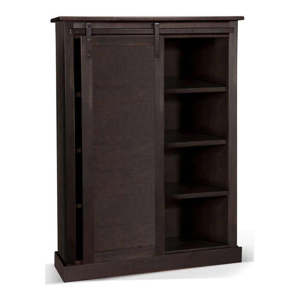 Cyna Bookcase, Sliding Barn Door with 3 Shelves, Dark Brown Wood 66"