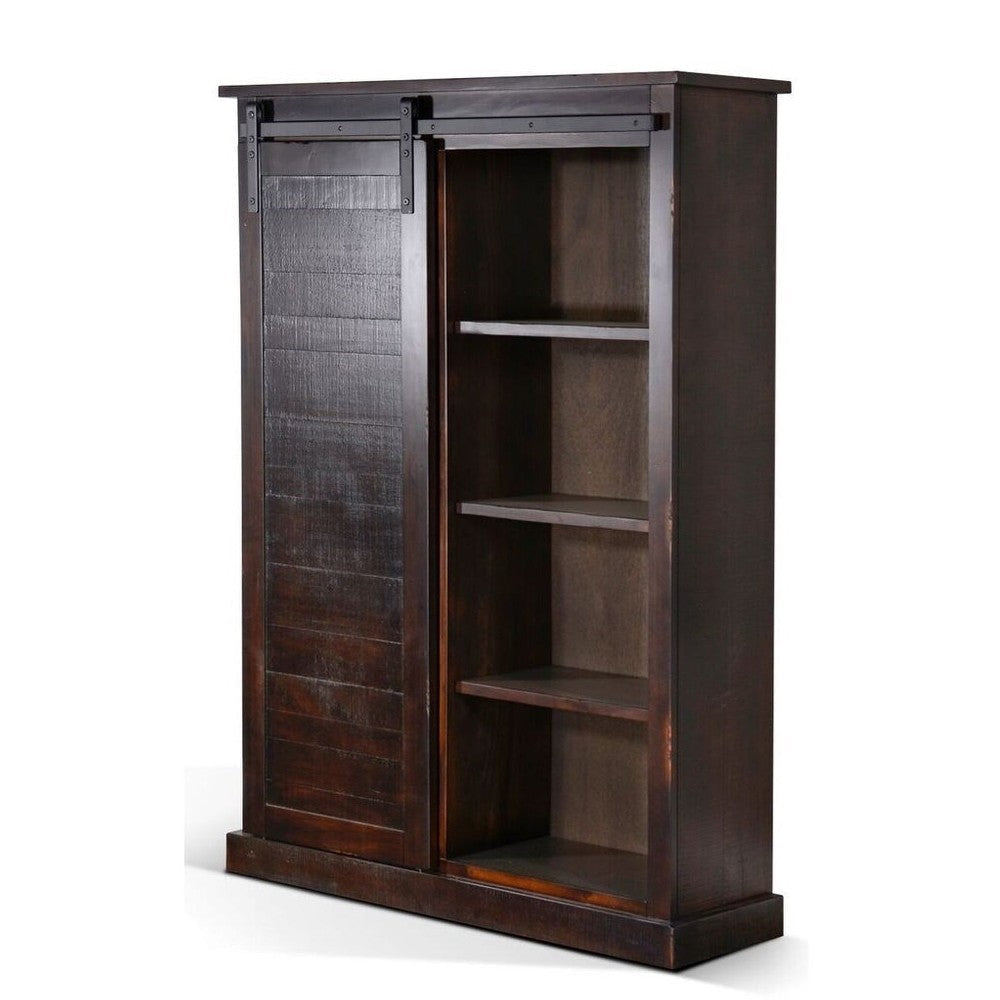 Cyna Bookcase Sliding Barn Door with 3 Shelves Dark Brown Wood 66’’ BM324780