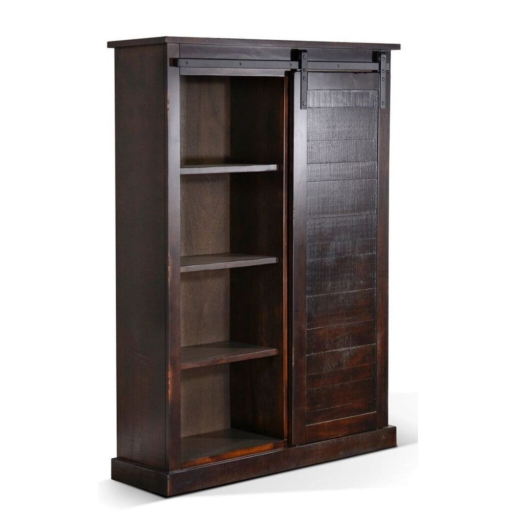 Cyna Bookcase Sliding Barn Door with 3 Shelves Dark Brown Wood 66’’ BM324780