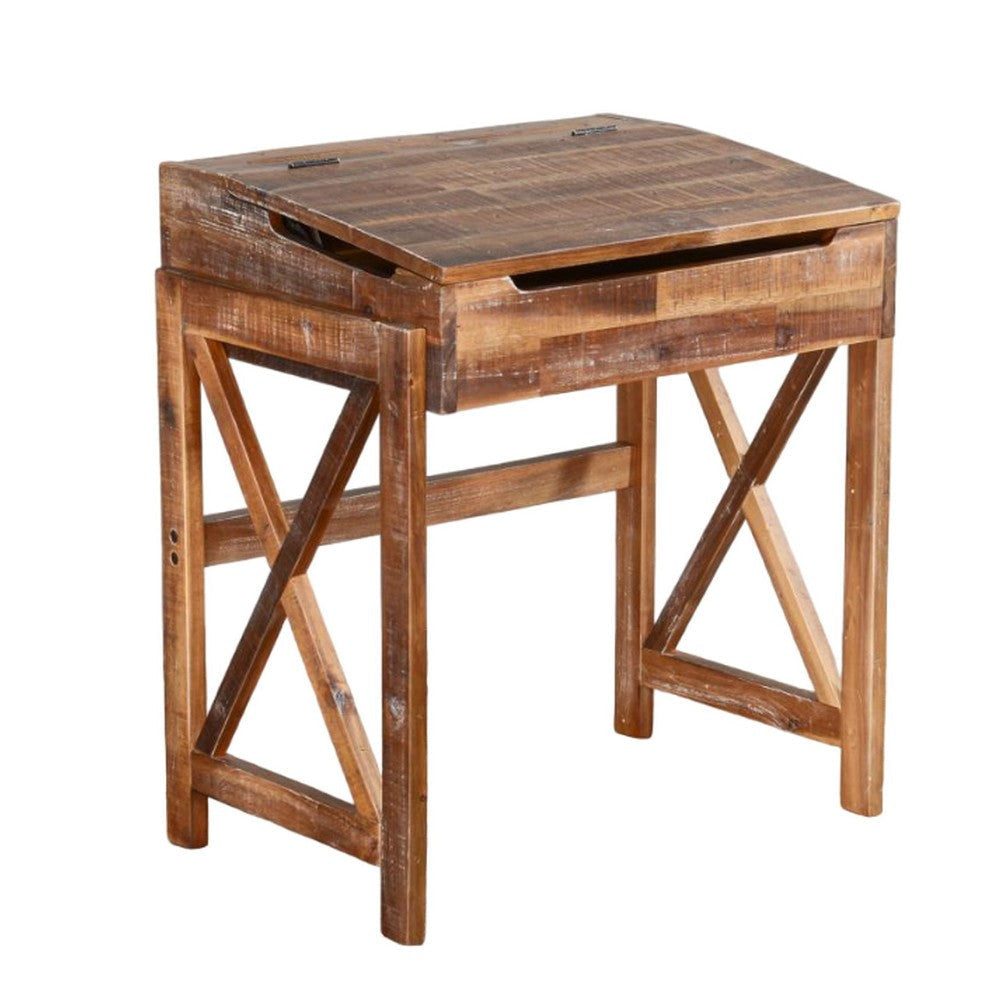 Havi School Desk, 28" Flip Top Storage, X Base, Rustic Light Brown