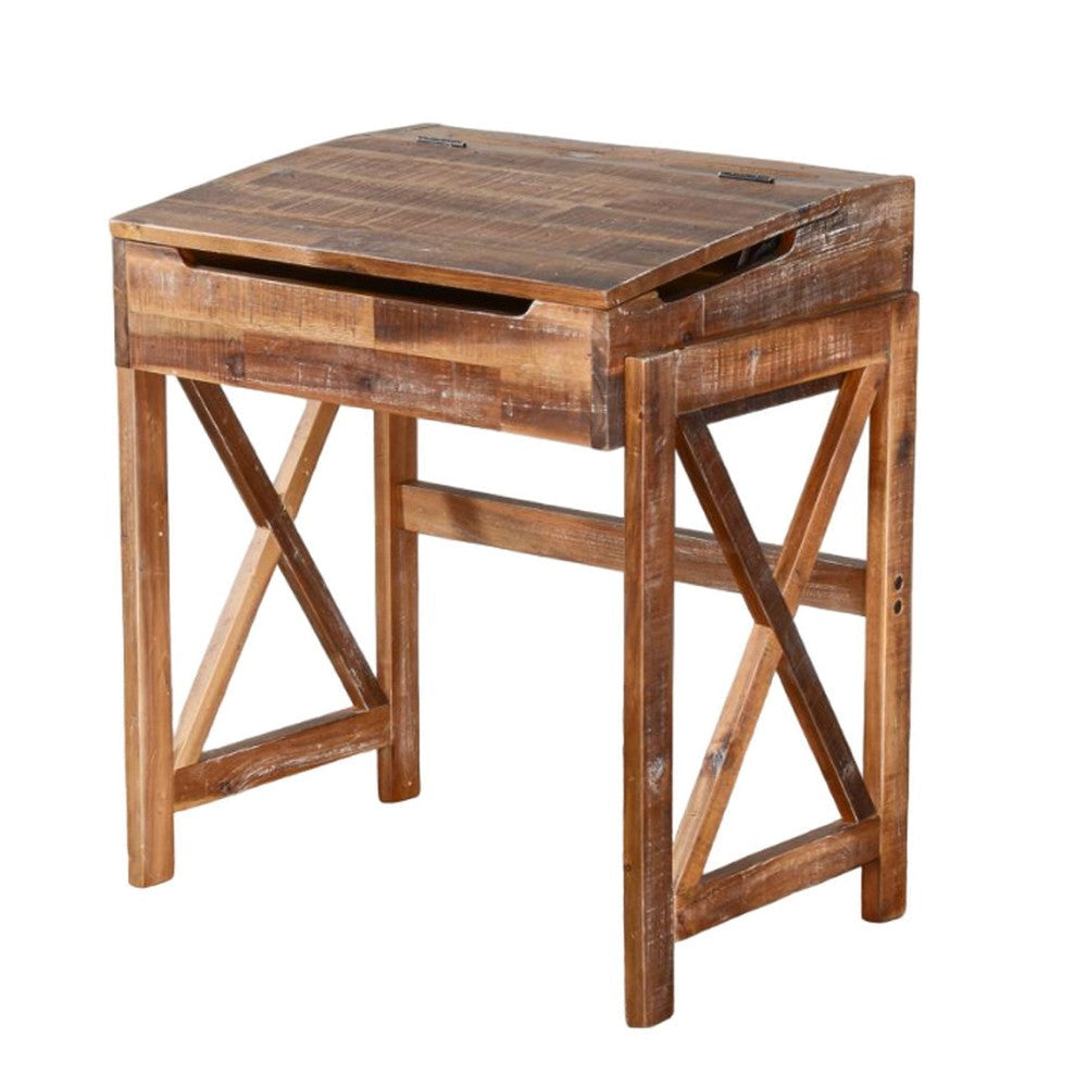 Havi School Desk 28’’ Flip Top Storage X Base Rustic Light Brown BM324783