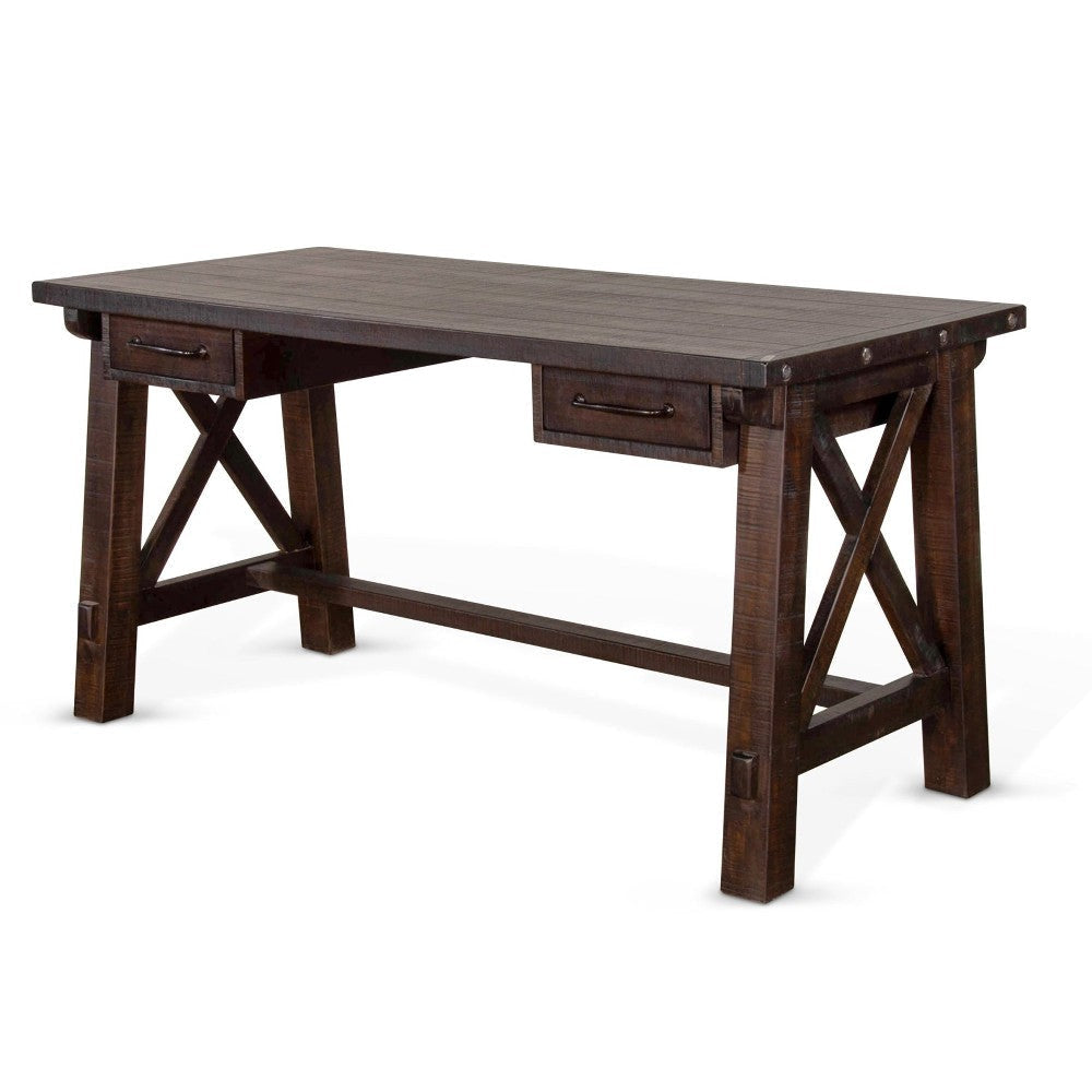 Anva Writing Desk 2 Drawers X Motif Panels 58’’ Dark Brown Wood Top BM324786