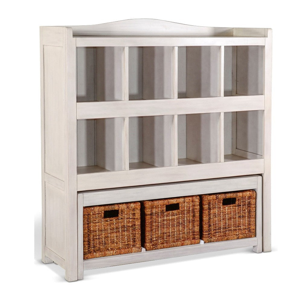 Bem Bookcase w Trundle Bench, 3 Woven Basket, 8 Cubbies, White 57"