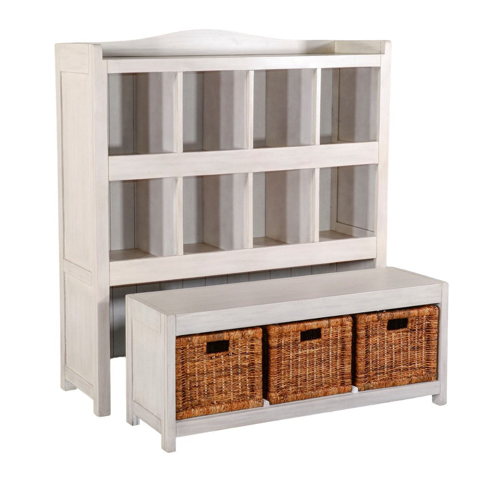 Bem Bookcase w Trundle Bench 3 Woven Basket 8 Cubbies White 57’’ BM324789