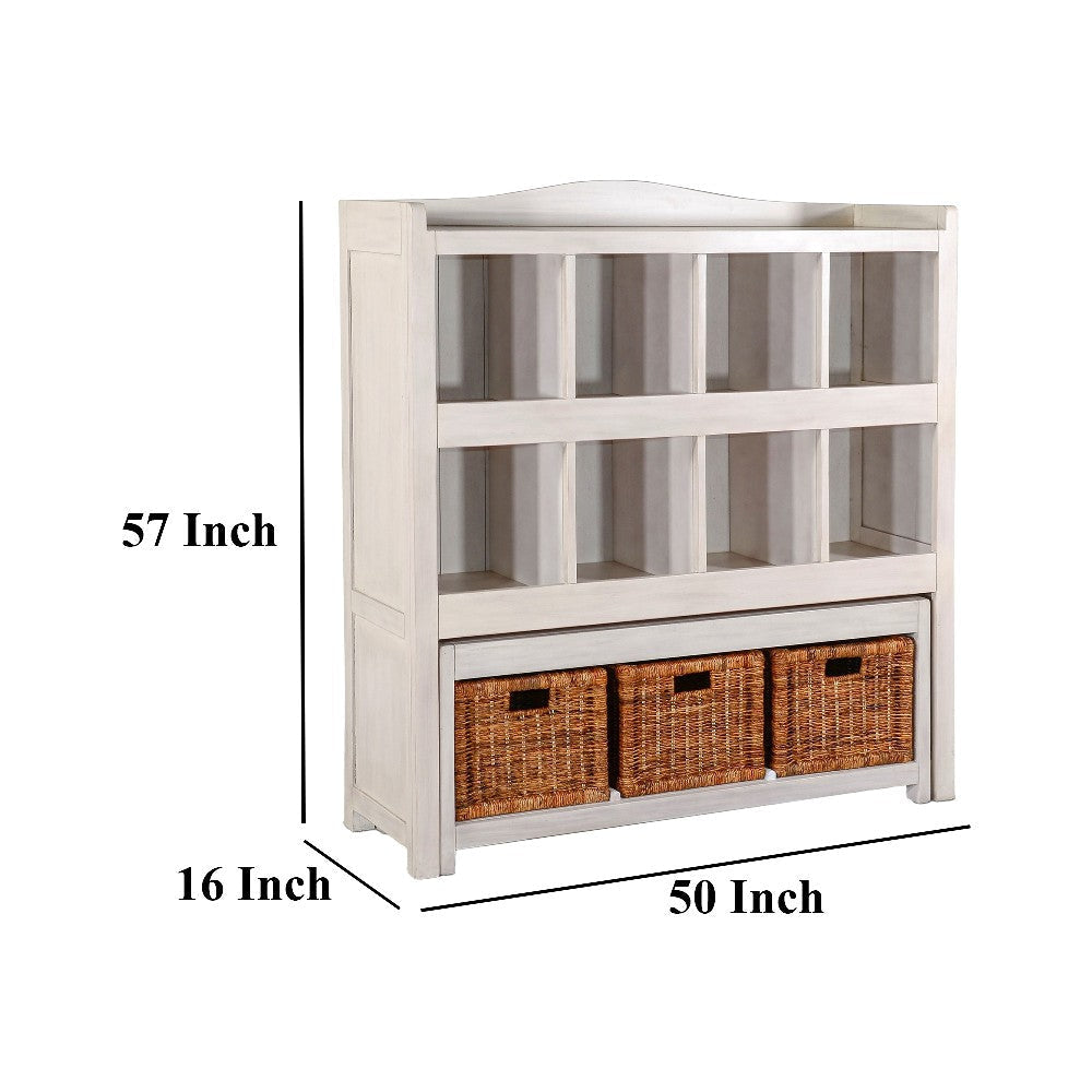 Bem Bookcase w Trundle Bench 3 Woven Basket 8 Cubbies White 57’’ BM324789