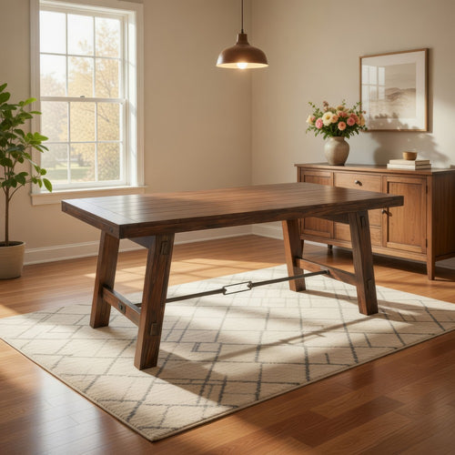 Reggie Dining Table, Turnbuckle Stretcher, 74" Brown Mahogany Wood