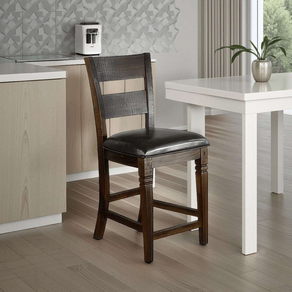 Flint Set of 2 Counter Stool Chairs, Ladderback, Black, Dark Brown Mahogany Wood