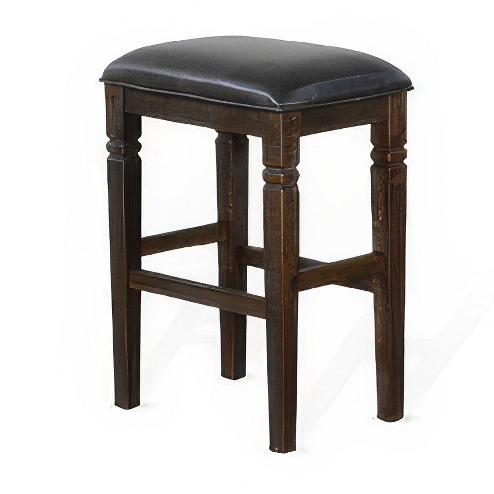 Flint Barstool Set of 2 Backless Plush Black Vinyl Seat Dark Brown Mahogany BM324824