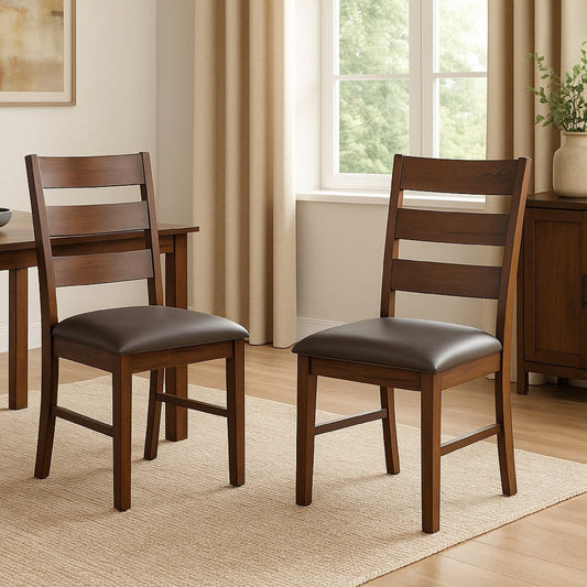 Reggie Dining Chair Set of 2, Ladderback, Dark Gray Faux Leather Brown