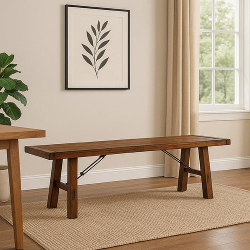 Reggie Bench, 72" Brown Mahogany Wood, Metal Turnbuckle Accent Design