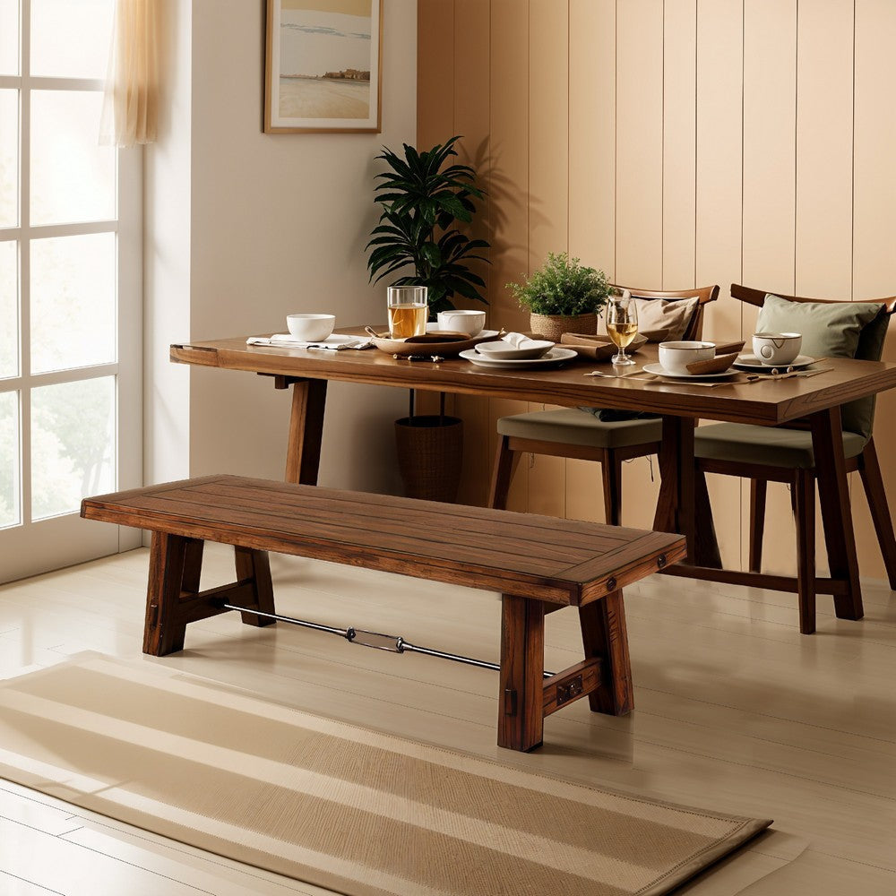 Reggie Wooden Bench | Rustic Brown Mahogany Wood Angled Legs | Turnbuckle Accents | 64’’ BM324863