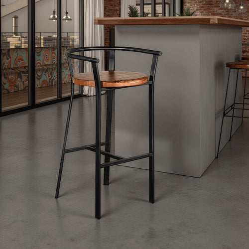 Flint Barstool Chair Set of 2, Round Seat, Dark Brown Mahogany, Black