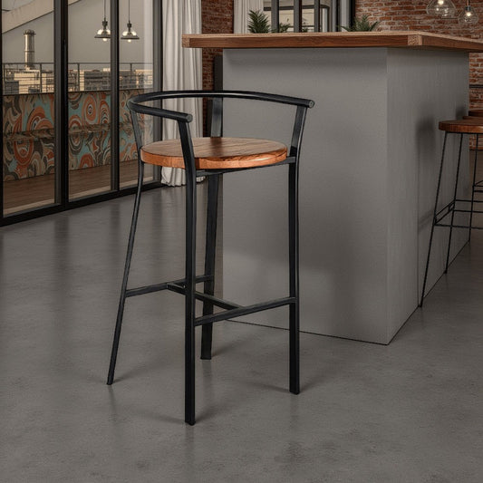 Flint Barstool Chair Set of 2, Round Seat, Dark Brown Mahogany, Black