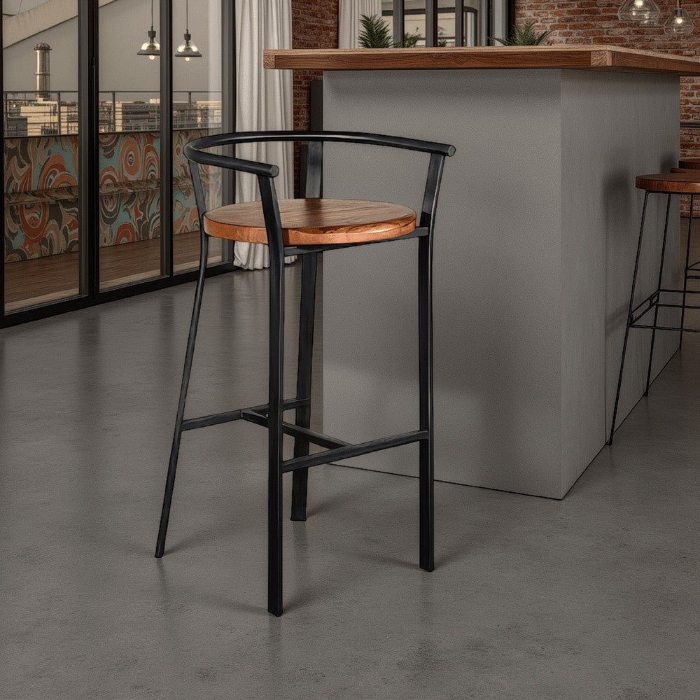 Flint Barstool Chair Set of 2, Round Seat, Dark Brown Mahogany, Black