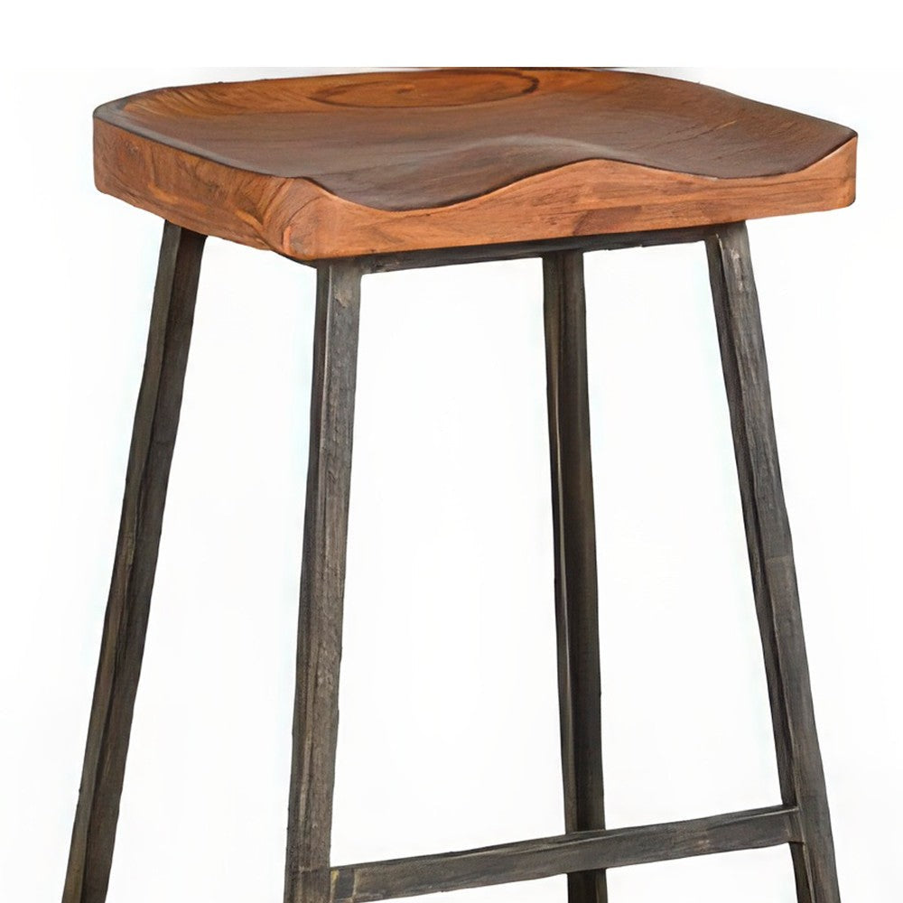 Marv Barstool Set of 2 Brown Contoured Mahogany Wood Black Metal BM324870