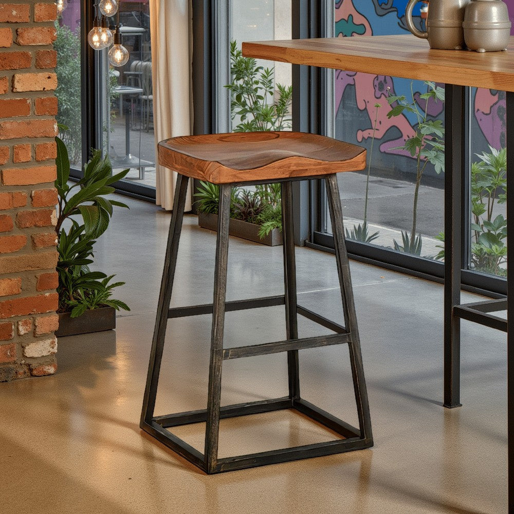 Marv Barstool Set of 2, Brown Contoured Mahogany Wood, Black Metal