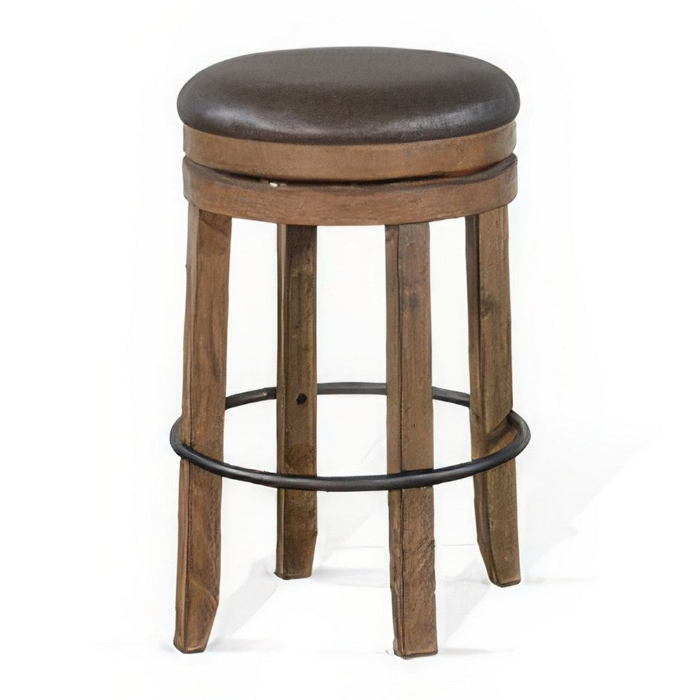Yael Swivel Backless Barstool Set of 2 Gray Faux Leather Brown Wood BM324872