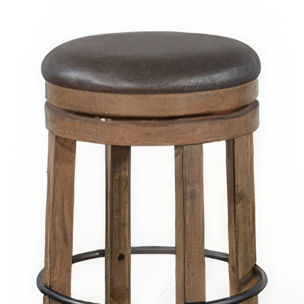 Yael Swivel Backless Barstool Set of 2 Gray Faux Leather Brown Wood BM324872