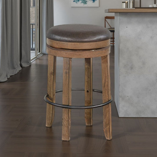 Yael Swivel Backless Barstool Set of 2, Gray Faux Leather, Brown Wood